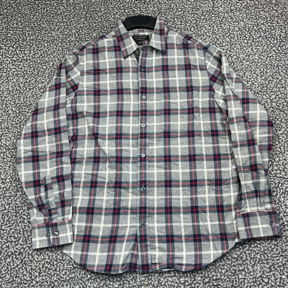 Banana Republic Button Up Shirt Men Large Gray Red Blue Flannel Plaid Cotton L
